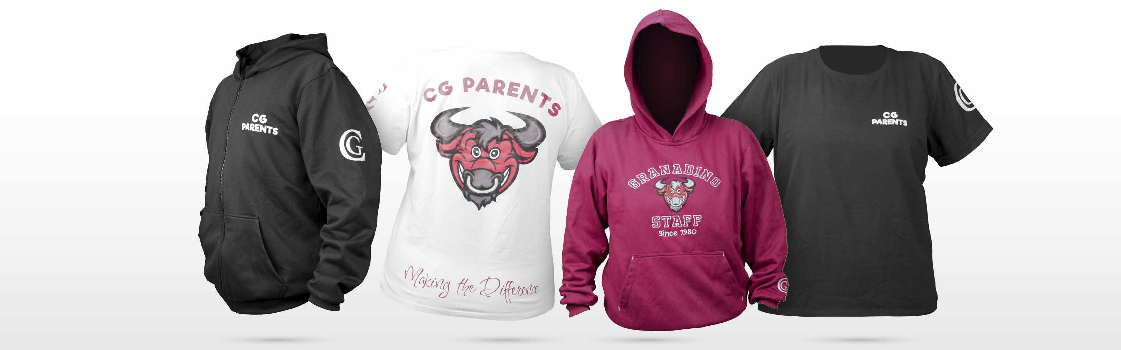 Zip-up CG Parents, camiseta CG Parents, hoodie Staff y camiseta negra del colegio